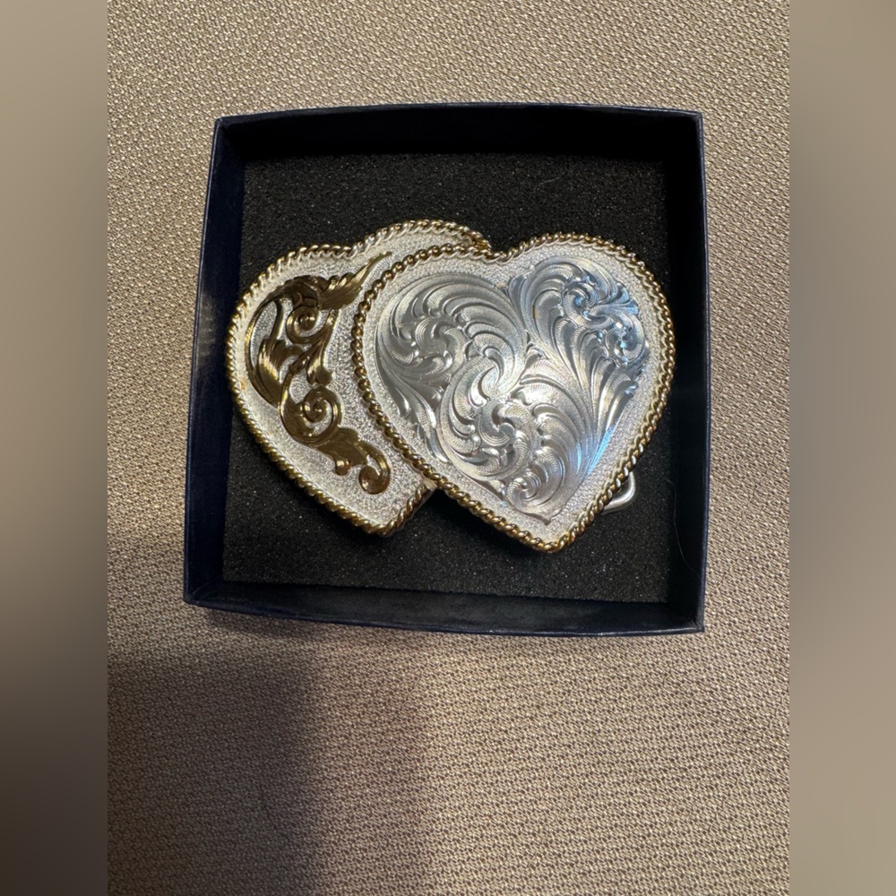 Vintage Metal Belt Buckle, Silver and Brass, Double Heart Design,